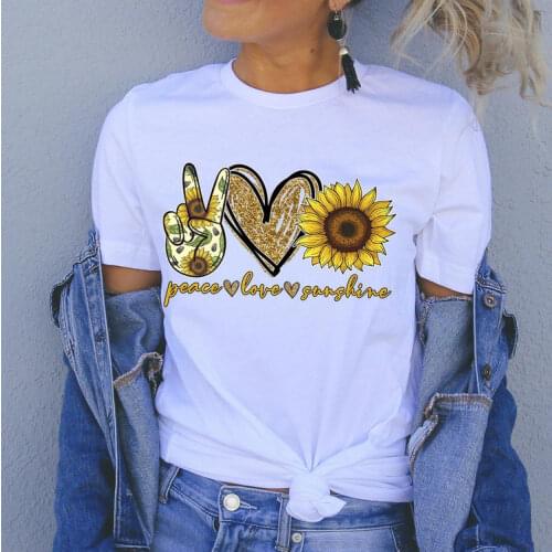 Women Fashion Tops Peace Love Sunshine Sunflower Print Casual Short Sleeve Graphic Tee Summer Harajuku Ullzang Tops Clothes