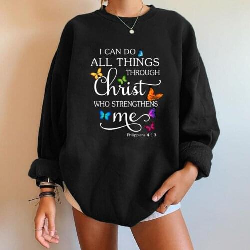 Harajuku Butterflies I Can Do All Things Philippians 4:13 Print Women Sweatshirts Round Neck Drop Shoulder Sweatshirt Streetwear