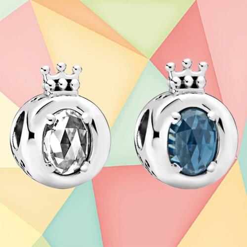 Kakany High-quality 100% 925 Sterling Silver Blue Sparkling Crown O Charm, Suitable For Girls Diy Bracelet Beaded Accessories