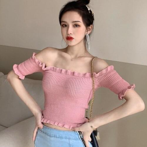 Girls Stretchy Ruffle Sleeve Crop Top Women Summer Slash Neck Tight Rib-knitted Plain Sexy T-shirt
