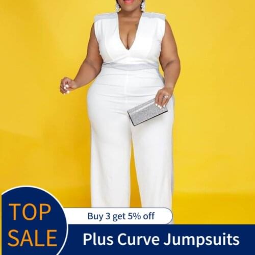 Sleeveless Women Jumpsuit Plus Curve White Sexy Plunging Neck Wide Legs Long Rompers Lady Summer African One Piece Jumpsuits