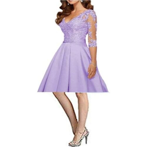 YNQNFS Womens V-neck Prom Dress Lace Style Applique Short Model Blue Green Purple Bride Dress Elegant Mom Dress