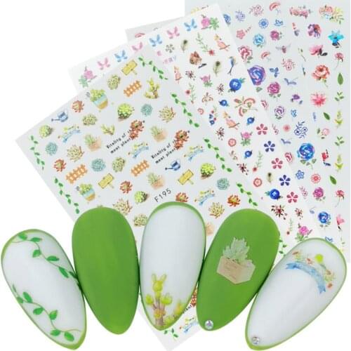 1 Sheet Ultra thin Gummed 3D Nail Art Sticker Flowers Succulent Butterfly Designs Nail Slider Manicure Decals Decoration