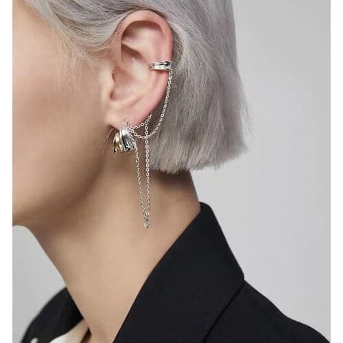 H38 New design 2 pcs set gold silver color metal dangle earrings geo irregular tassel chain clip earrings for women ear cuff