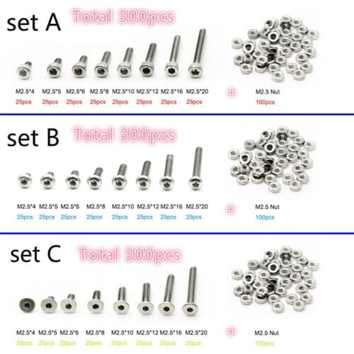 High-quality 300pcs M2.5 A2 Stainless Steel Screws Allen Bolts Hex Button Flat Socket Head Cap Screws With Nuts Set combination
