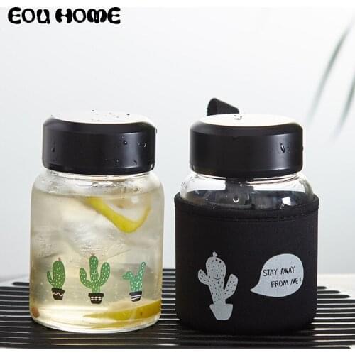 350ml Cactus Cartoon Water Bottles High Borosilicate Glass Lemon Juice Milk Bottle Student Drinkware Outdoor Travel Sport Bottle