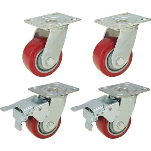 4PC Heavy Duty PU Wheel Castor Set Red Brake Swivel Fixed 4" 100mm