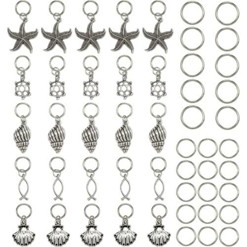50Pcs/set Ancient Silver Personality Hairpin Sea Star Ocean Hair Braid Dread Dreadlock Beads Clips Cuffs Jewelry DIY Accessories