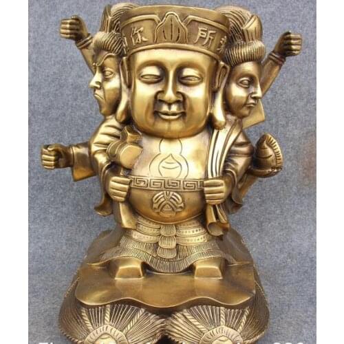 15'' Puer Bronze Stand Japan 3 Head 6 Arms Mammon Jambhala God Buddha Statue