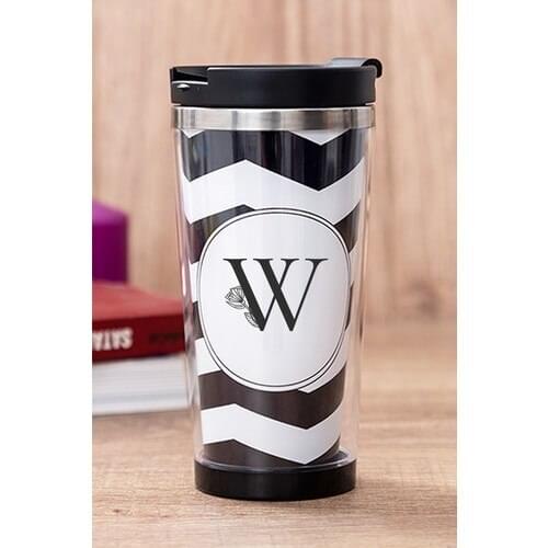 Gift Shop W Letter Floral Black Thermos Cup