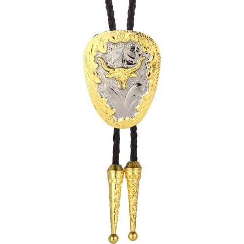 Western cowboy silver room gold two-color bull head polo tie zinc alloy leather rope fashion men and women clothing accessories