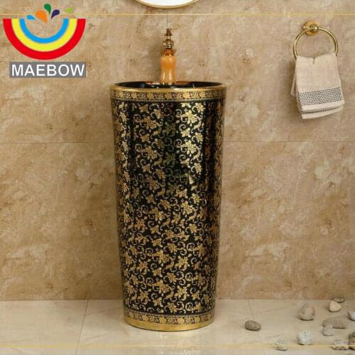 Mosaic Gold Black Round Pedestal Sink Ceramic Bathroom Sink With Stand Pedestal Wash Basin