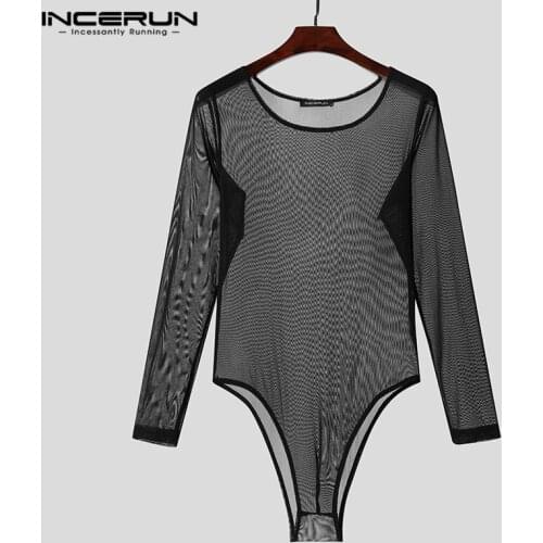 Leisure Romper T-Shirts INCERUN Men Fashion Mesh Bodysuit T Shirts Long Sleeve Round Neck Tee Tops Man Sexy See Through Camiseta