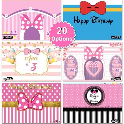 LEVOO Photographic Background Pink Theme Bows Girls mouse Birthday Backdrop Photography Photo Studio Party Decorations Photocall
