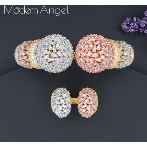 ModemAngel luxury Unique African Bangle Ring Set Jewelry Sets For Women Wedding Cubic Zircon Crystal CZ Dubai Bridal Jewelry Set