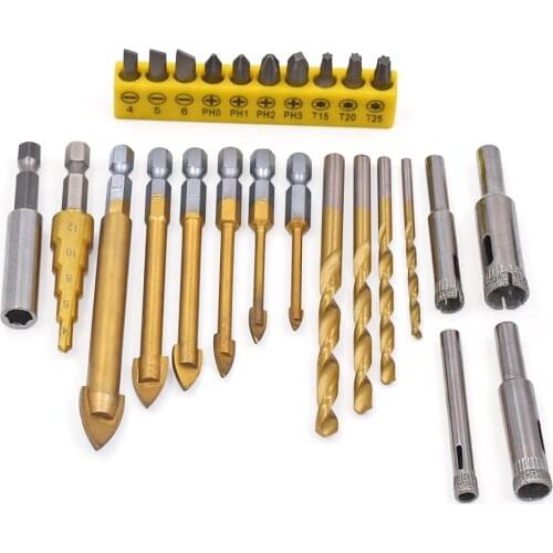 26Pcs Titanium Coated Drill Bit Set Tungsten Carbide Glass 1/4" Hex Shank Power Tools Accessories Bit Drill