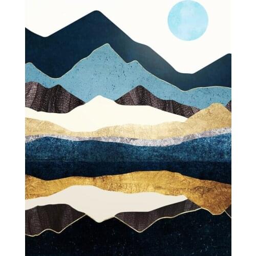 Nature Landscape Abstract Canvas Wall Art Poster Gold Blue Forest Mountain Painting Lake Sunset Print Nordic Decorative Picture