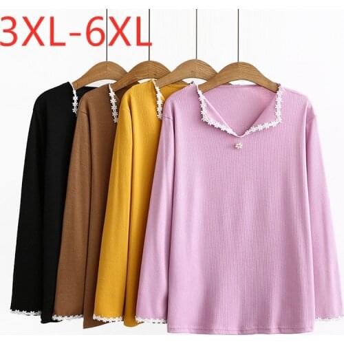 New 2021 Ladies Spring Autumn Plus Size Tops For Women Large Long Sleeve Loose Cotton Pink Lace Bead T-shirt 3XL 4XL 5XL 6XL