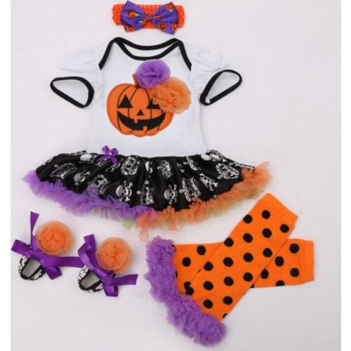 Halloween Baby Girl Party Outfits Cotton Rompers Top Ruffled Skull Dress+Leg Warmer+Flower Shoes+headband Newborn Sets Roupas