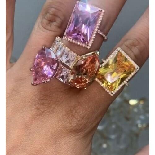 Pink pinky cz wedding engagement ring rose gold color full size cubic zirconia square cz eternity band finger women rings