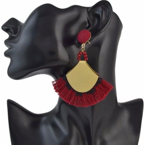 Boho Indian Gold Metal Ethnic Fringe Earrings For Women Long Cotton Thread Tassel Earrings Hanging Drop Statement Earing