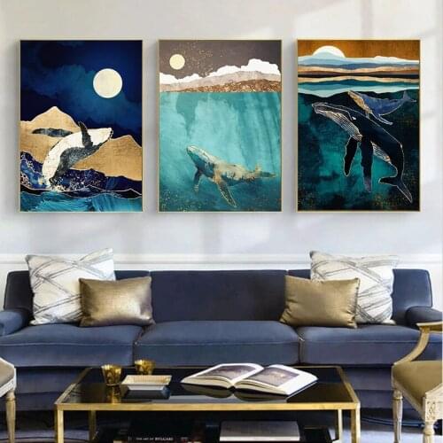 Nordic Art Abstract Landscape Golden Leaf Dolphin Whale Scenic Entrance Poster Canvas Print Modern Painting Wall Art Decoration