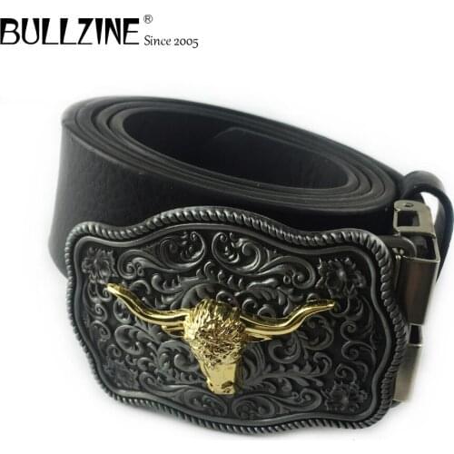 The Bullzine western bull head belt buckle with pewter finish with PU belt with connecting clasp FP-03703
