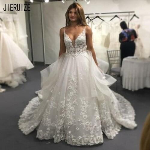 JIERUIZE Gorgeous Spaghetti Straps Wedding Dresses V Neck Lace Appliques Backless Boho Bridal Gowns Bride Dresses Robe De Mariee