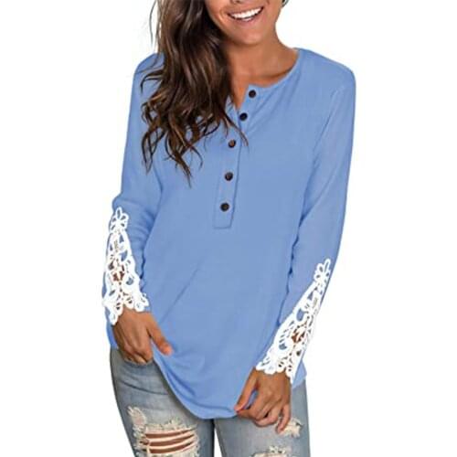 Women Fashion Button Long Sleeve Lace Patchwork Loose Casual Shirts Blouse Tops