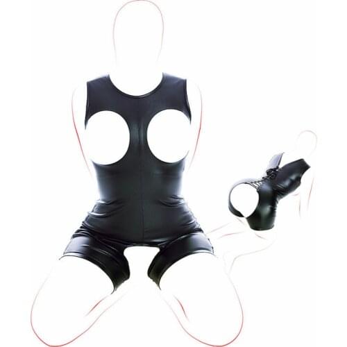 Women Adjustable Leather Straitjacket Erotic High Cut Thong Open Crotch Bodysuit with Open Cup for Fetish Bdsm Bondage Flirt