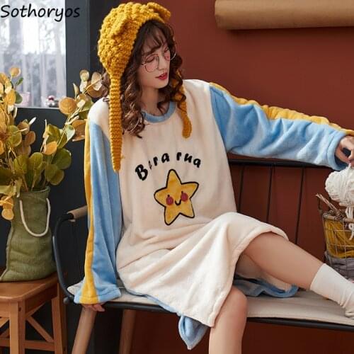Nightgowns Women Plus Size 3XL Printed Round Neck Coral Velvet Mid-long Sweet Womens Sleepwear Warm Daily Fashion Harajuku Chic