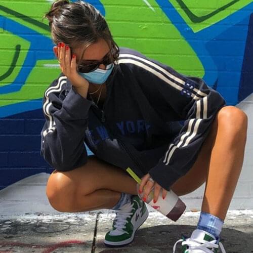 B-TOTO American Retro Bm Navy Blue Stand-up Collar Sweater Zipper Jacket Female Tide Ins Loose 2021 New Fashion