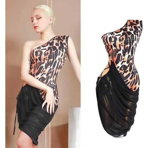 Women Latin Dance Dress Sexy Off-Shoulder Leopard Stitching Mesh Tango Dancing Costume Rumba Competition Stage Dresses VDB3611