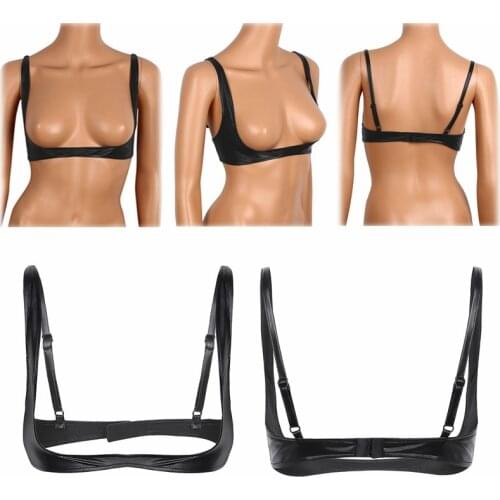 Women Sexy Brs Lingerie Fashion Faux Leather Bra Tops Adjustable Wire-free Open Cup Bra Tops Shelf Bra Exposed Breasts Nipples