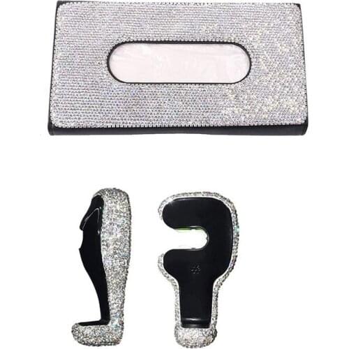 Bling Car Visor Tissue Holder Leather Crystal Sun Visor Paper Case & Bling Car Back Seat Headrest Holder Hooks for Women