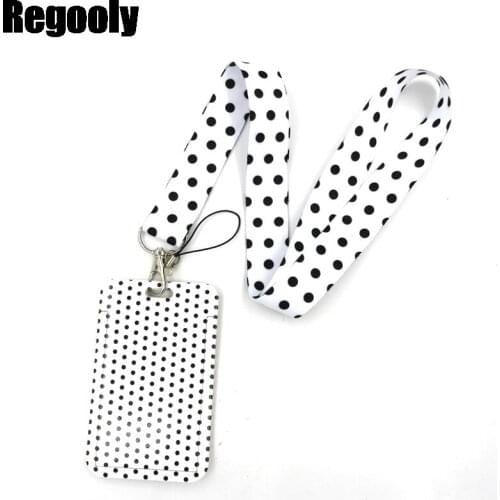 Black White Wave Point Lanyard Credit Card ID Holder Bag Student Women Travel Card Cover Badge Car Keychain Decorations
