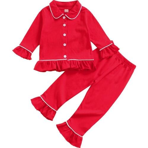Citgeett Kids Baby Girl Pajamas Long Sleeve Lapel Ruffle Hem Buttons Red Tops + Pants Suit Xmas Clothes