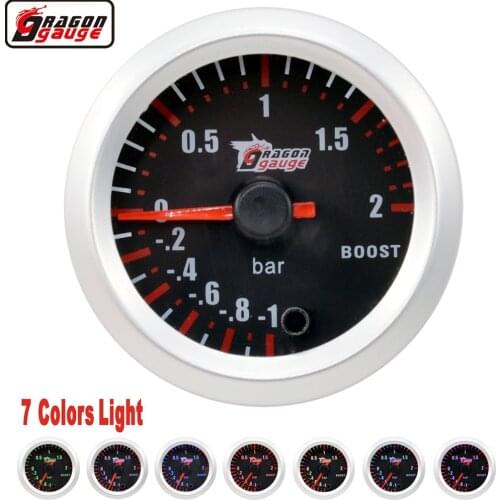 Dragon 52mm Stepping Motor Auto Car 7 Color Backlight Turbine Pressure Boost Gauge Turbo -1~2 Bar Meter Free Shipping