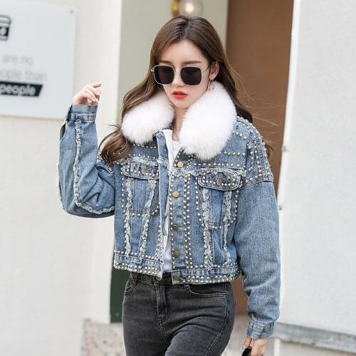 Denim down jacket women 2020 new short fashion loose fox hair detachable liner heavy industry coat fashion