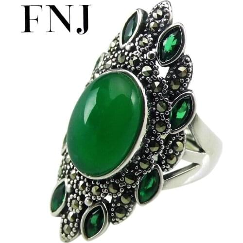FNJ Green Agate Ring 925 Silver Original S925 Sterling Silver Rings for Women Jewelry Adjustable Size Oval Red Stone