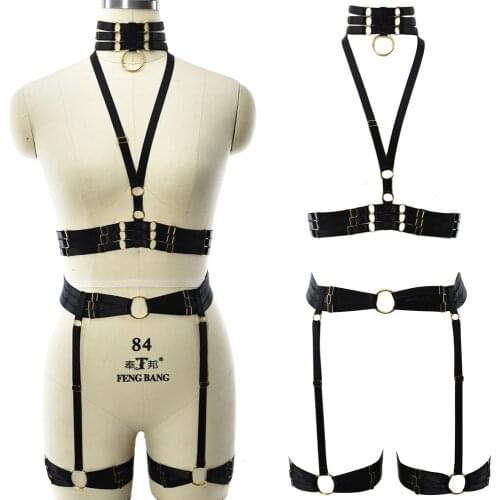 Neck Gold Ring Cage Bra Sexy Lingerie Harness Set Stockings Leg Garter Women Black Punk Pole Dance Goth Bandage Body Harness