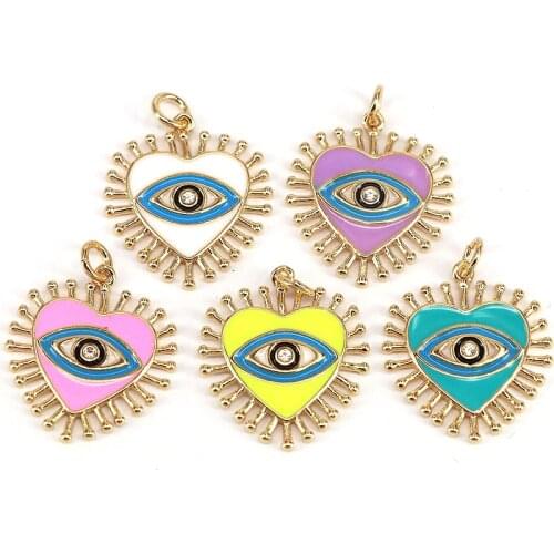 10Pcs 2021 Fashion Zircon pave eye colorful enamel plated brass heart necklace charms for jewelry making DIY