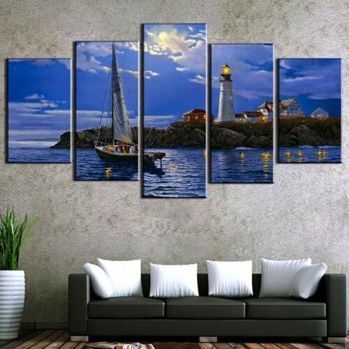 Canvas Wall Art 5 Panel Lighthouse Landscape Posters Modular Pictures Home Decorative Framed Living Room Decoration Paintings