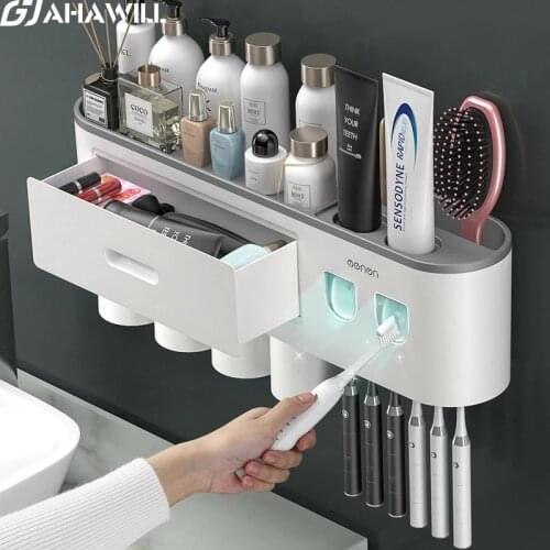 AHAWILL Wall-Mounted Free Punching Toothbrush Holder Automatic Toothpaste Squeezer Dispenser Storage Rack Bathroom Accessories