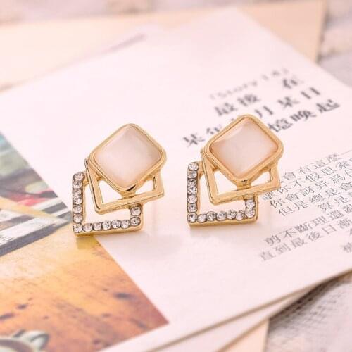 New Fashion Hollow Three Layers Square Crystal Opal Stud Earrings Female Temperament Rhombus Earring Party Wedding Jewelry Gift