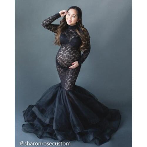 Maternity Gown Dresses for Photo Shoot Pregnant Women Long Sleeve Black Lace Turtleneck Photography Dresses Pregnancy Dress