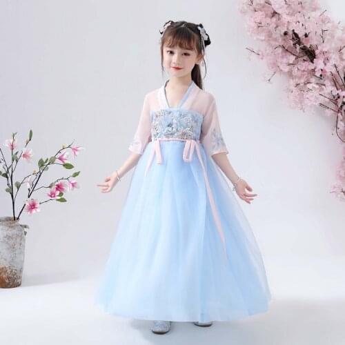 Oriental Chinese Style Retro Hanfu Dress Toddler Girls Chinese Folk Dance Costumes Embroidery Kids Tang Suit blue Performance