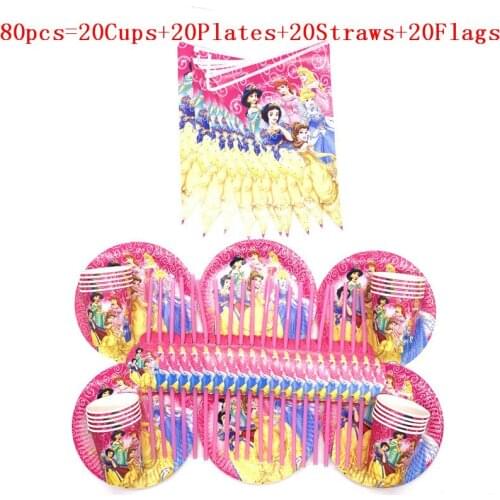 Party Supplies 80Pcs Cartoon Princess Cinderella Snow white Tableware Girl Birthday Plates Cups Flags Straws Decorations Supply