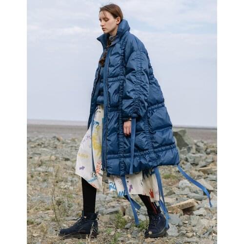 New Original Design Winter Women Puffer Coat Causal Loose High Collar Thick Warm Novelty Tassel Blue Long Down Jacket