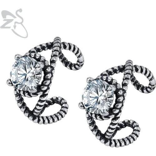 ZS Hip Hop Clip Earrings for Men Women Black/White Cubic Zirconia Earring Male Stainless Steel Jewelry Biker Earing Accessories